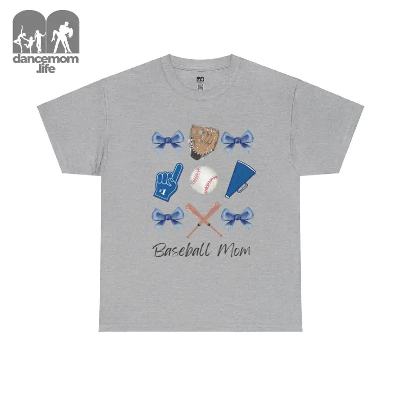 Grey t-shirt featuring baseball-themed graphics and ’Baseball Mom’ text.