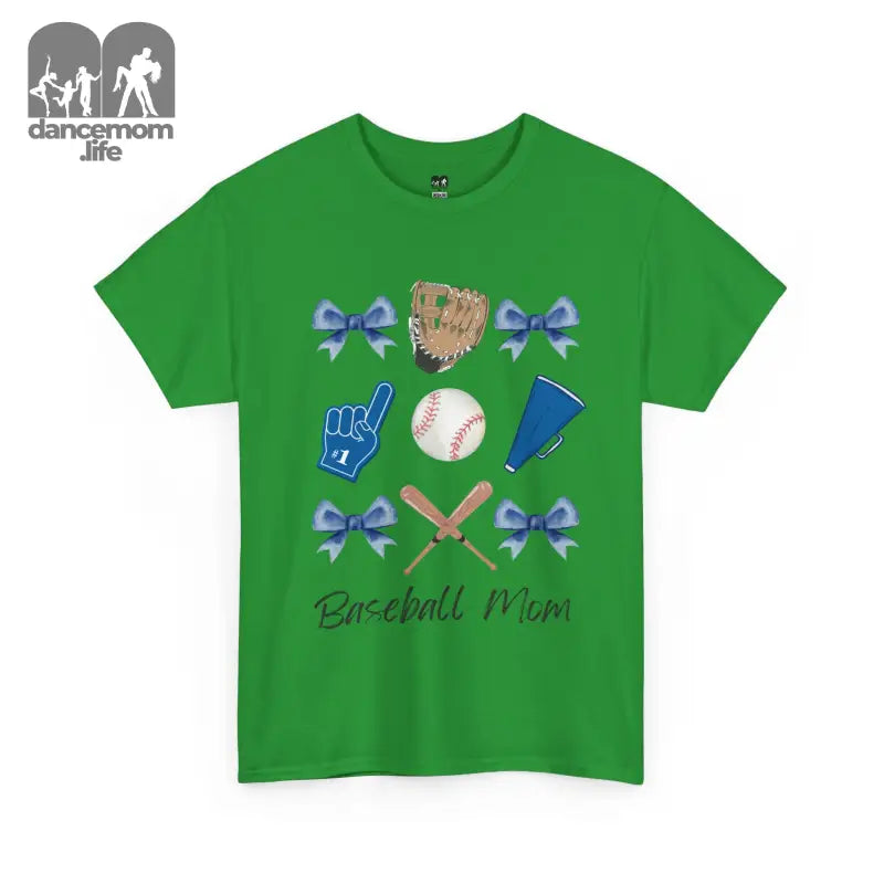 Green t-shirt with baseball-themed graphics including bows, a glove, ball, foam finger, and crossed bats.