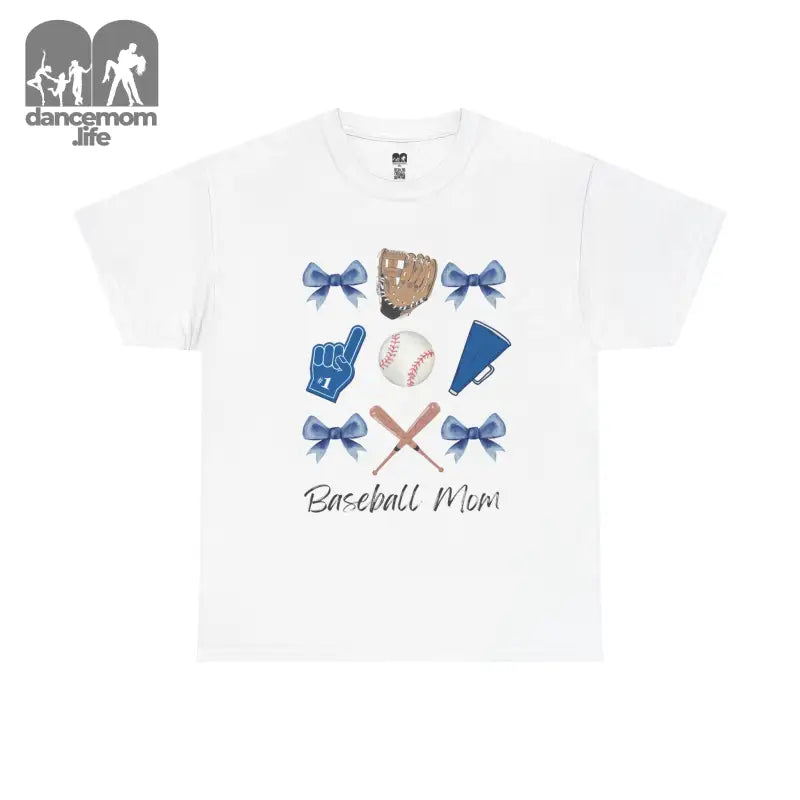 White t-shirt with baseball-themed graphics and ’Baseball Mom’ text featuring bows, a glove, foam finger, baseball, and crossed bats.