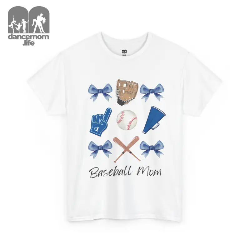 White t-shirt featuring baseball-themed graphics with blue bows and ’Baseball Mom’ text.