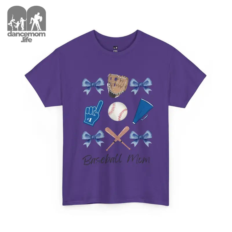 Purple t-shirt with baseball-themed graphics including bows, a glove, ball, foam finger, and crossed bats.