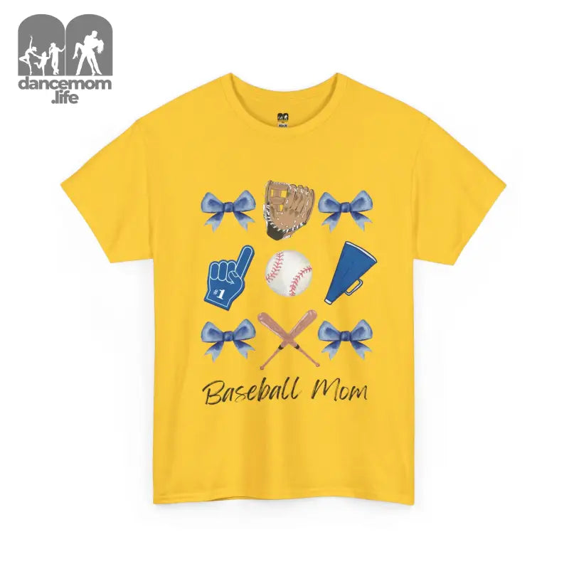 Yellow t-shirt with baseball-themed graphics and ’Baseball Mom’ text.