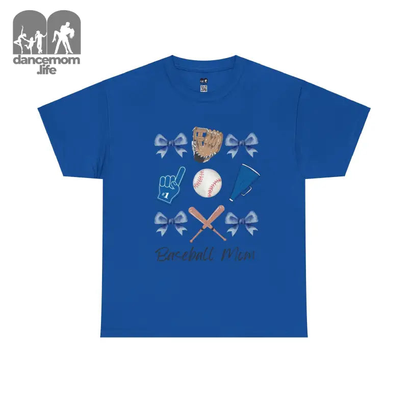 Royal blue t-shirt featuring baseball-themed graphics with bows, a baseball, mitt, and crossed bats.