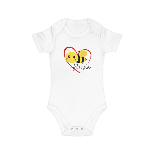 White baby onesie with a cute cartoon bee and heart design.