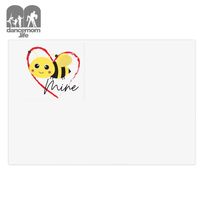 Cute cartoon bee inside a red heart outline with the word ’mine’ written below it.