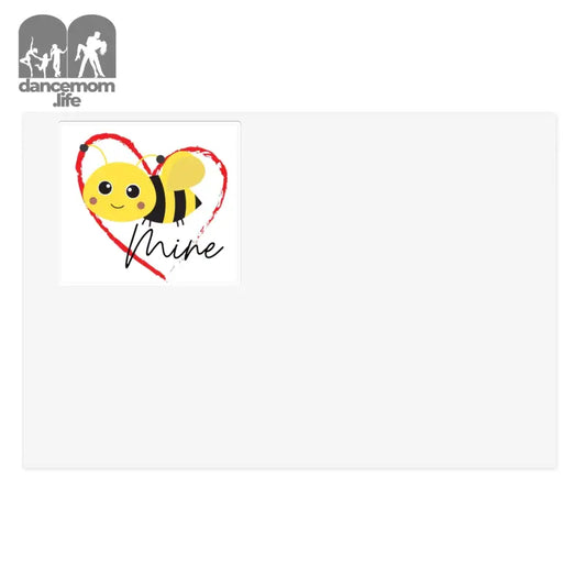 Cute cartoon bee inside a red heart outline with the word ’mine’ written below it.