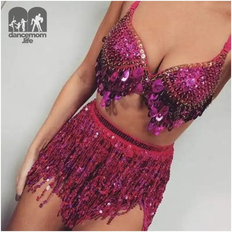 Belly Dancing Hip Skirt for Women - Belly Dance Hip Skirt - Tassel Scarf Sequin Wrap Skirt (Pink)