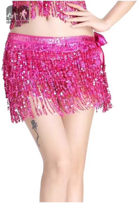 Belly Dancing Hip Skirt for Women - Belly Dance Hip Skirt - Tassel Scarf Sequin Wrap Skirt (Pink)