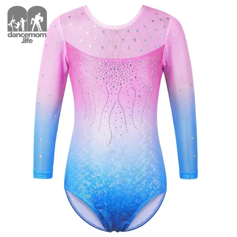 Pink and blue ombré gymnastics leotard with sparkly rhinestone detailing.