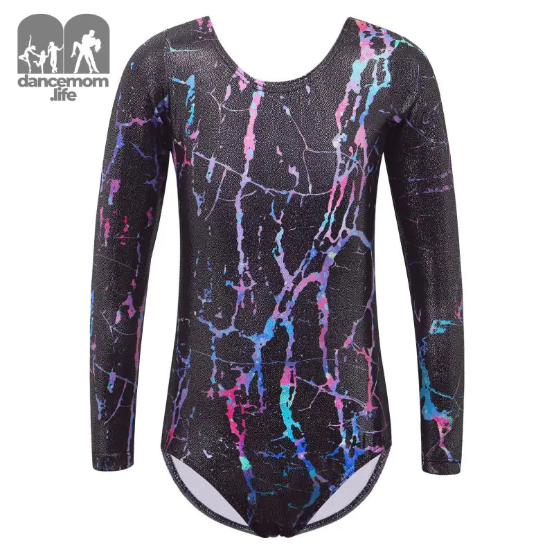 Black gymnastics leotard with colorful blue, pink and purple splatter pattern.