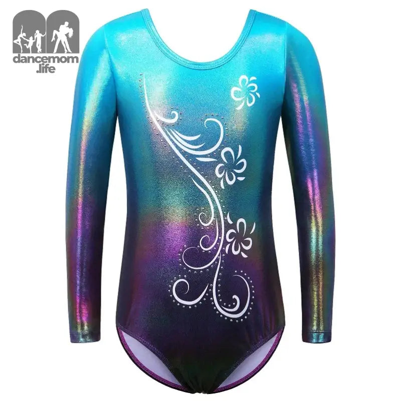 Sparkly turquoise-to-purple ombré gymnastics leotard with white floral designs.