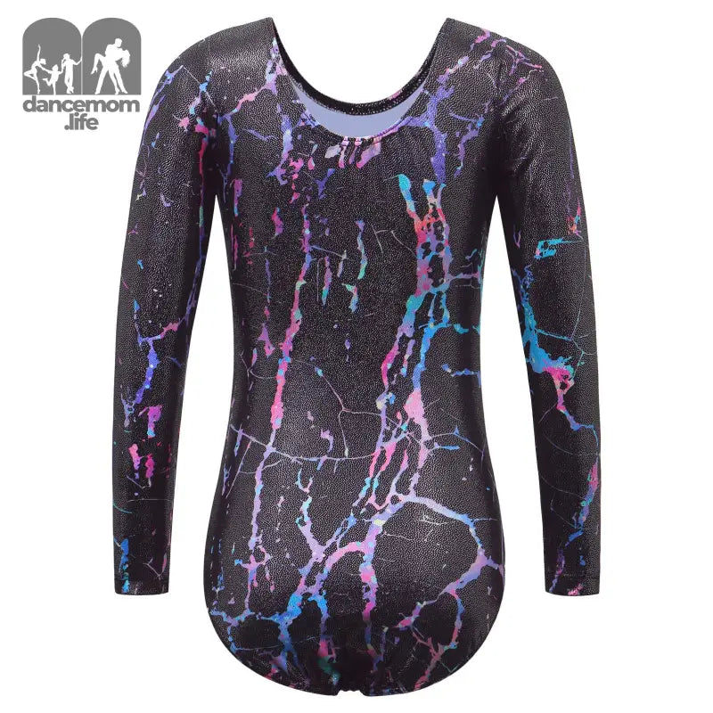 Long-sleeved gymnastics leotard with a black marble-like pattern featuring pink, blue and purple swirls.