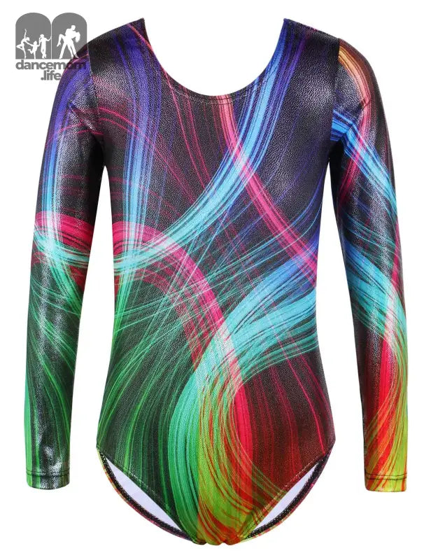 Colorful gymnastics leotard with swirling neon patterns in blue, green, pink, and purple.