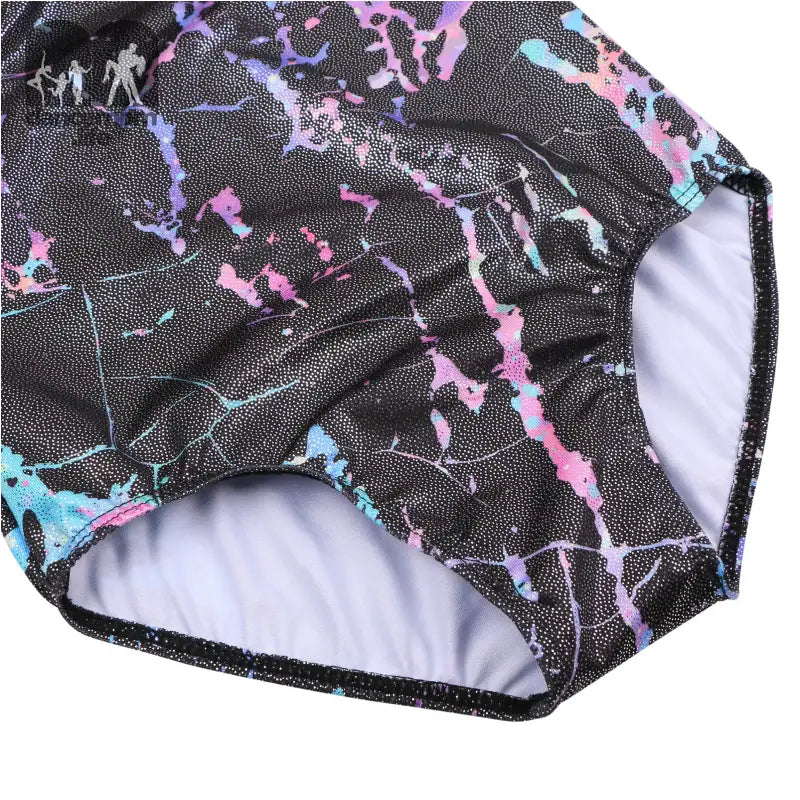 Black underwear with colorful pink, purple, and blue marble-like splatter pattern.