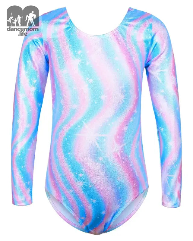 Long-sleeved gymnastics leotard in swirling pastel pink and blue pattern.