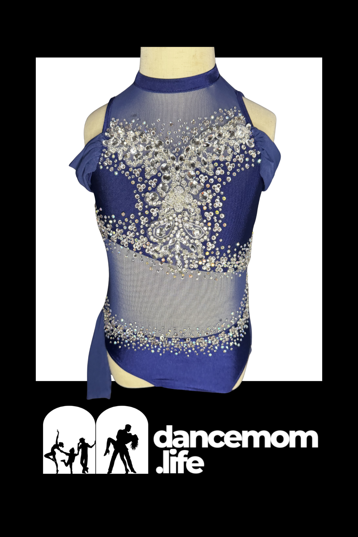 Blue deep navy dance leotard with halter neckline, flutter shoulder, silver diamante beading, and sheer mesh panels