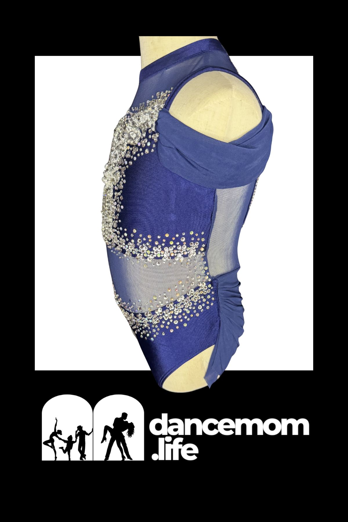Blue diamante dance costume leotard with deep navy halter neckline flutter shoulder and rhinestone crystal bodice for girls size 6