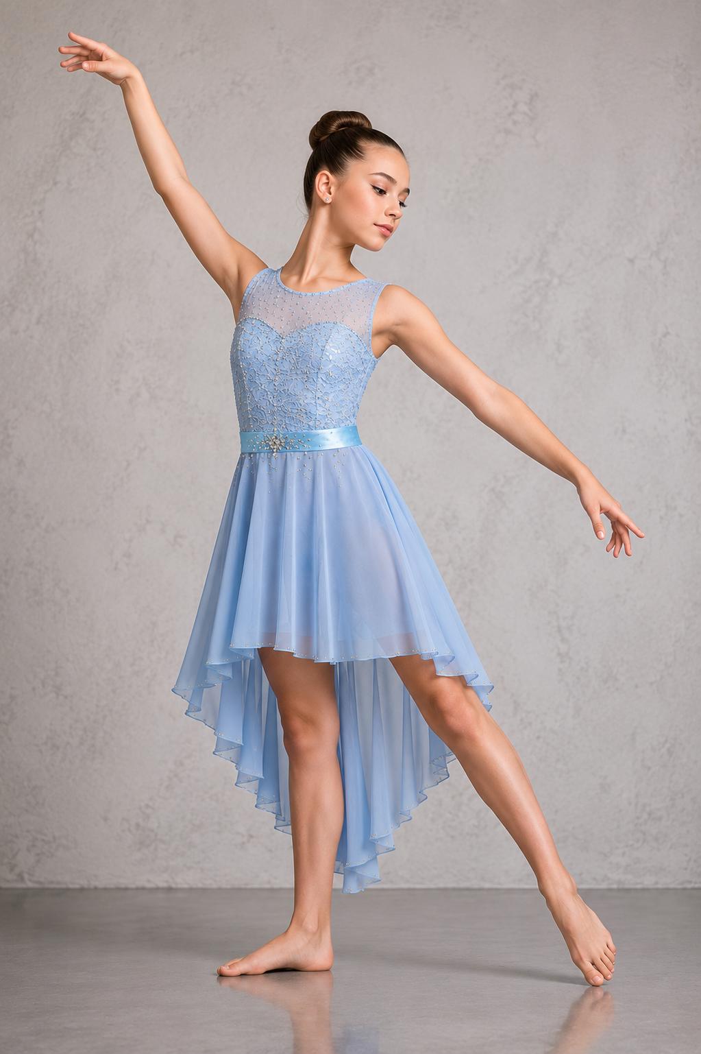Blue Lace Lyrical Dance Costume Size 12 | Rhinestone Contemporary Competition Dress | Girls Solo Dance Costume - "Blue Serenity"
