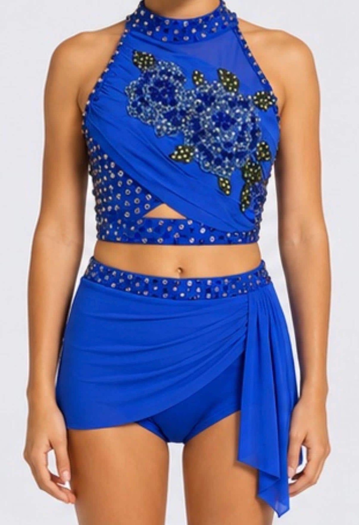 Blue Lyrical Dance Costume 2 Piece Covered in Rhinestones with Floral Appliqué – Child Size 12 (140–150 cm) - "Azure Petals"