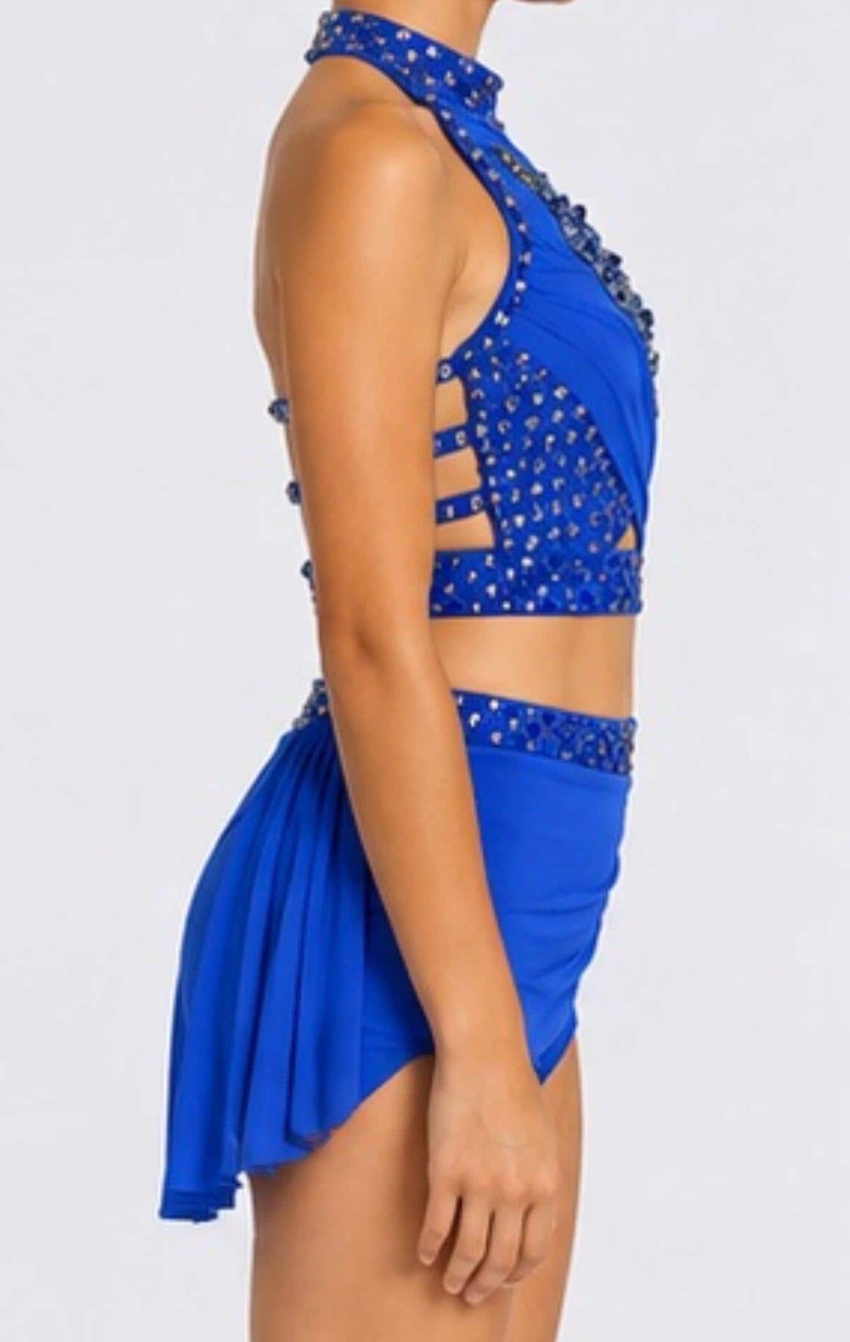 Blue Lyrical Dance Costume 2 Piece Covered in Rhinestones with Floral Appliqué – Child Size 12 (140–150 cm) - "Azure Petals"