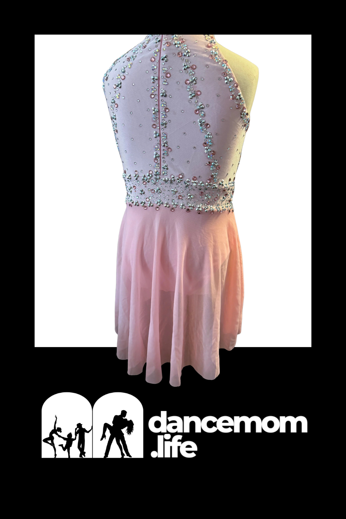 A delicate pink dance leotard with a sheer, beaded back and flowing chiffon skirt.