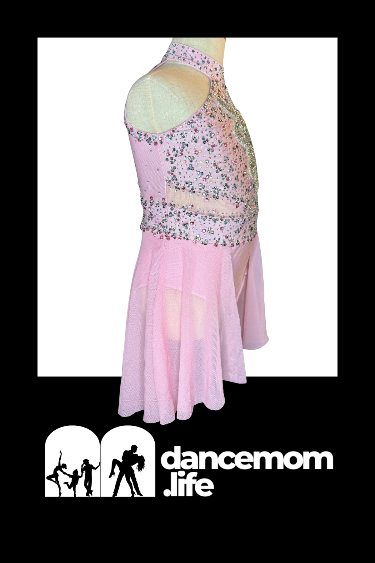 A pink dance leotard with a beaded, sheer bodice and flowing skirt.