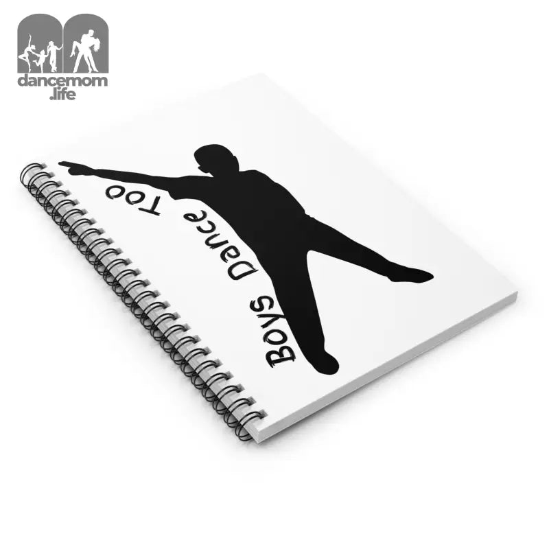 Spiral-bound notebook with a black silhouette figure and text on its white cover.