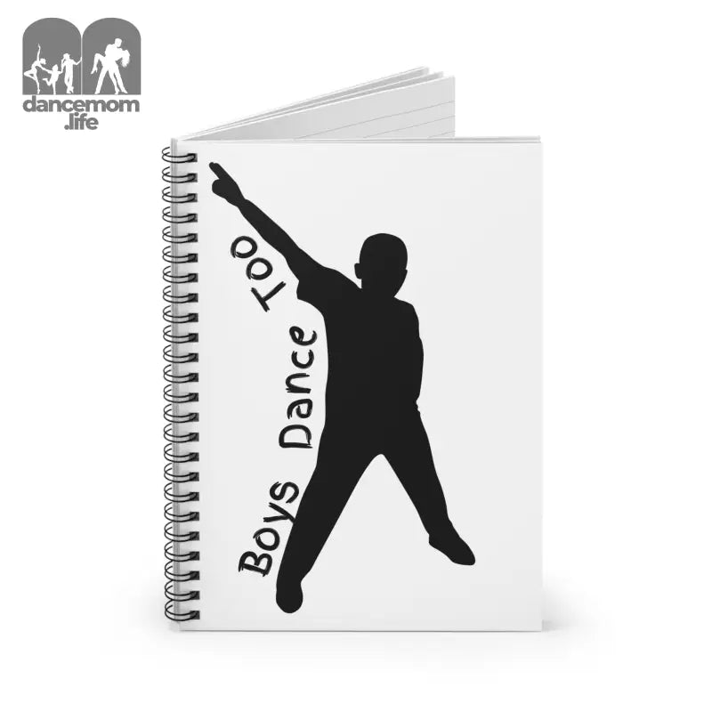 Spiral-bound notebook with a black silhouette of a dancing figure and text ’Boys Dance 001’’ on the white cover.