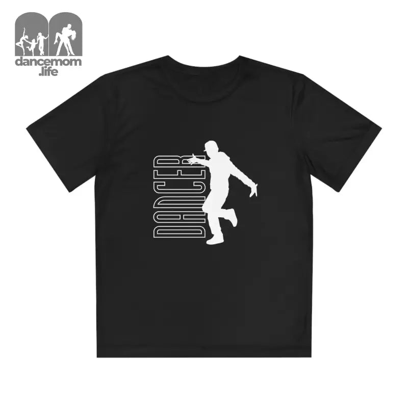 Black t-shirt with a white silhouette design of a basketball player and text.