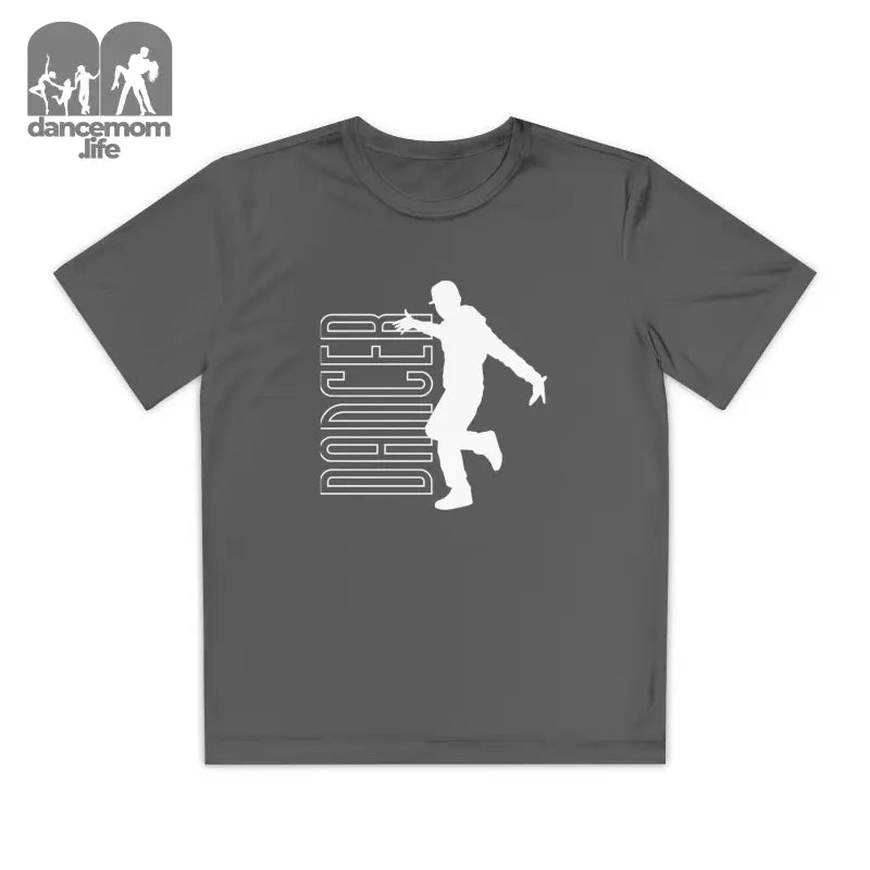 Grey t-shirt featuring a white silhouette of a jumping figure alongside text.