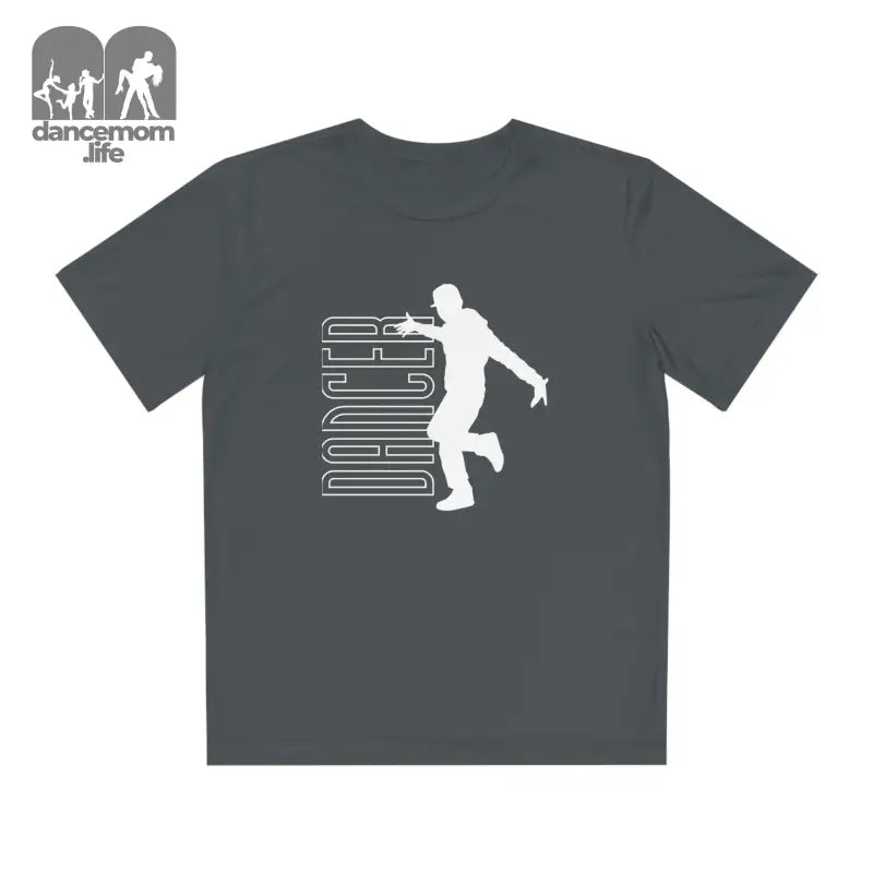 Gray t-shirt with a white silhouette of a basketball player and text design.