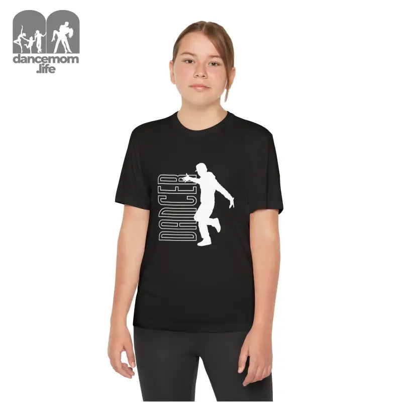 Black t-shirt with a white silhouette design of a person dancing.