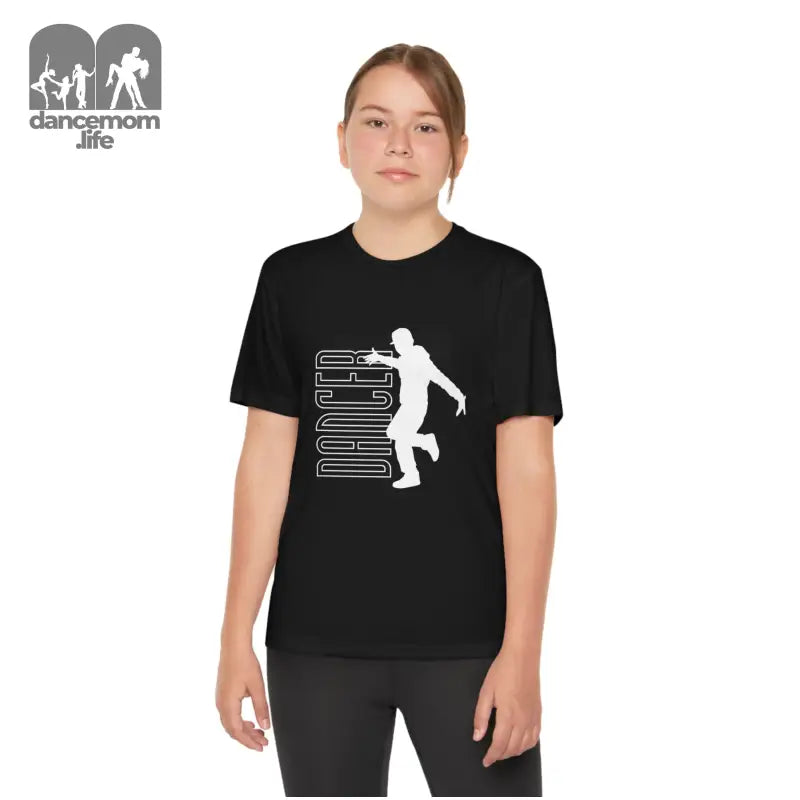 Black t-shirt with a white graphic design featuring a silhouette of a person and text.