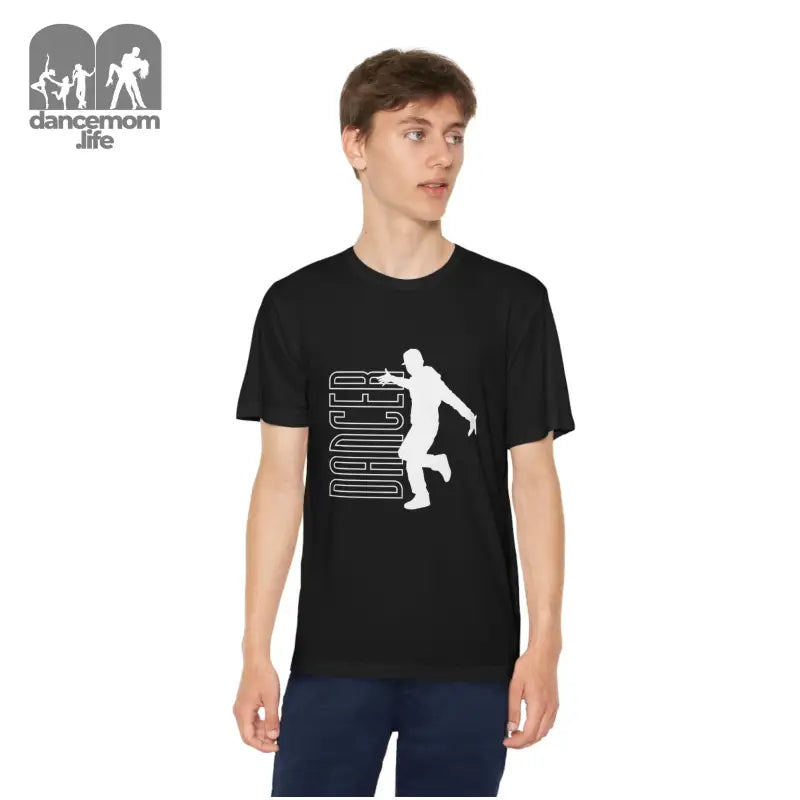 Black t-shirt with a white silhouette graphic of a basketball player and text.