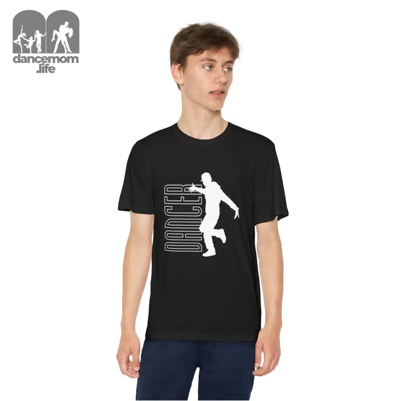 Black t-shirt with a white silhouette design of a dancer and text.