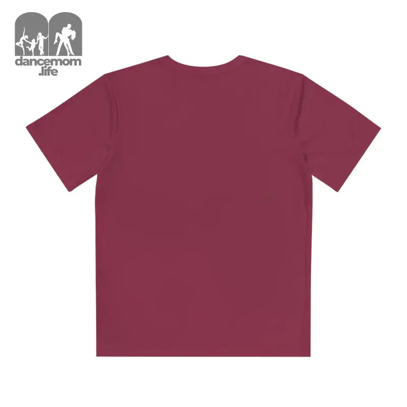 Burgundy short-sleeved t-shirt.