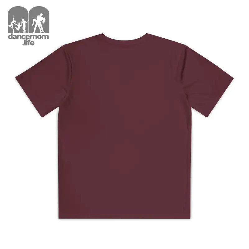 Burgundy crew neck t-shirt lying flat.