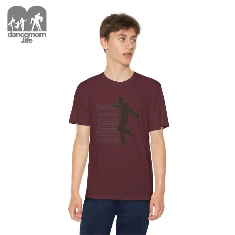 Burgundy t-shirt with a silhouetted skateboarder graphic design.