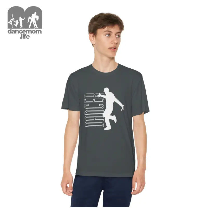 Gray t-shirt featuring a white graphic design of a silhouetted figure in motion.