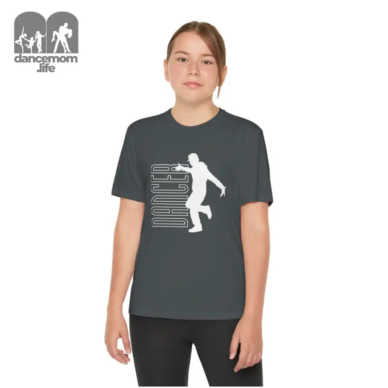 Gray t-shirt with a white silhouette design of a person running.