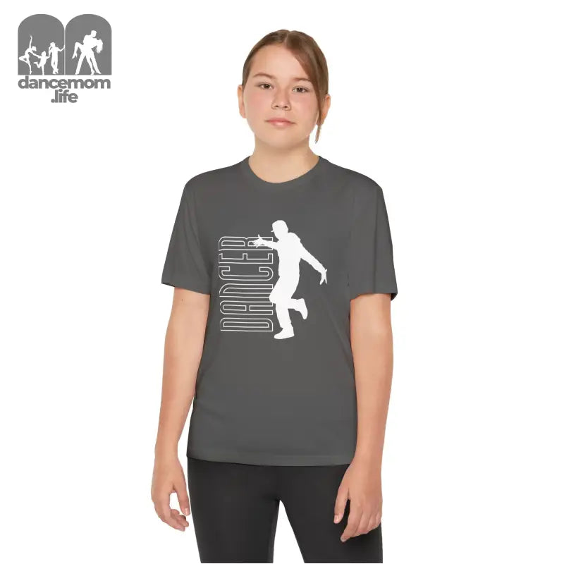 Gray t-shirt with a white silhouette design of a person in motion.