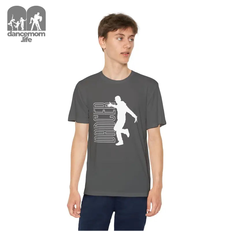 Grey t-shirt featuring a white silhouette design of a basketball player with vertical text.