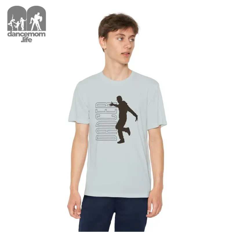 Light blue t-shirt featuring a black silhouette design of a person dancing alongside geometric lines.