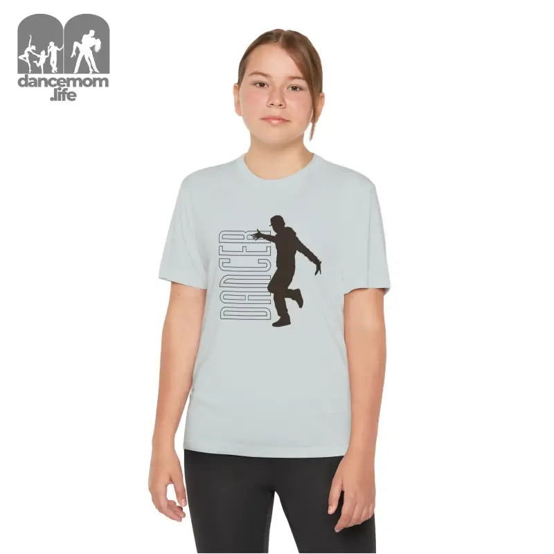 Light blue t-shirt featuring a black silhouette design of a dancing figure alongside text.