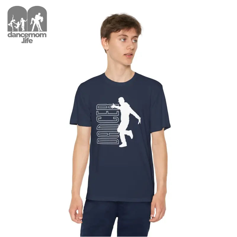 Navy blue t-shirt featuring a white silhouette design of a dancing figure with vertical text.