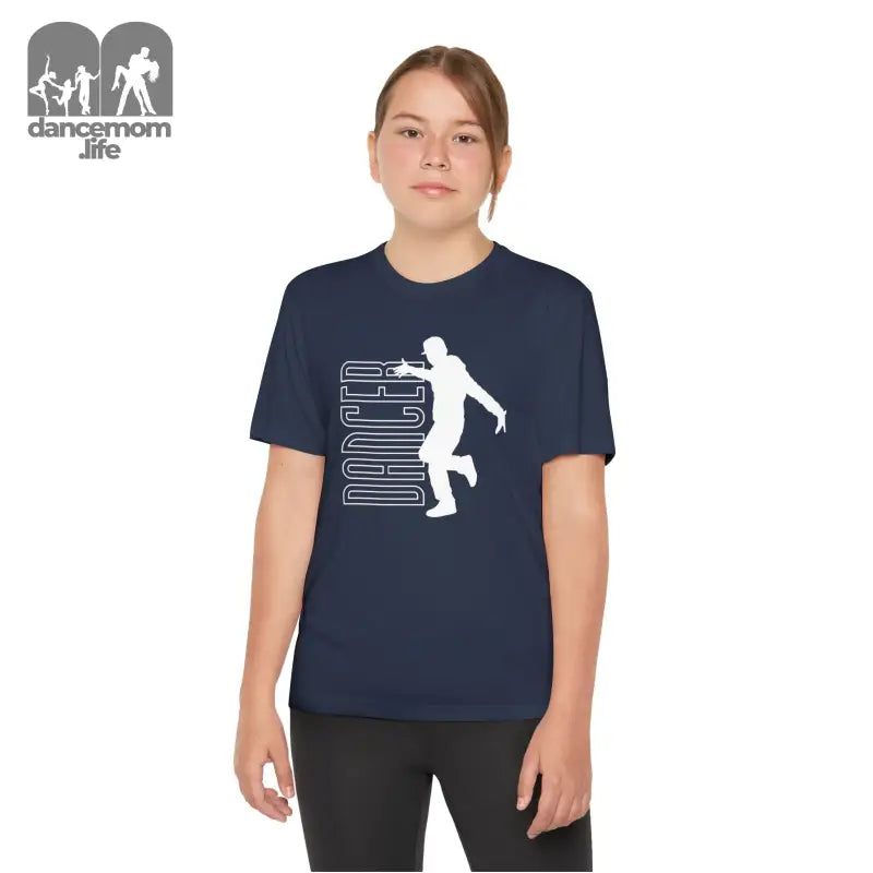 Navy blue t-shirt featuring a white silhouette graphic of a person climbing text.