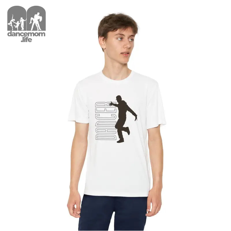 White t-shirt featuring a black silhouette design of a person dancing alongside geometric lines.