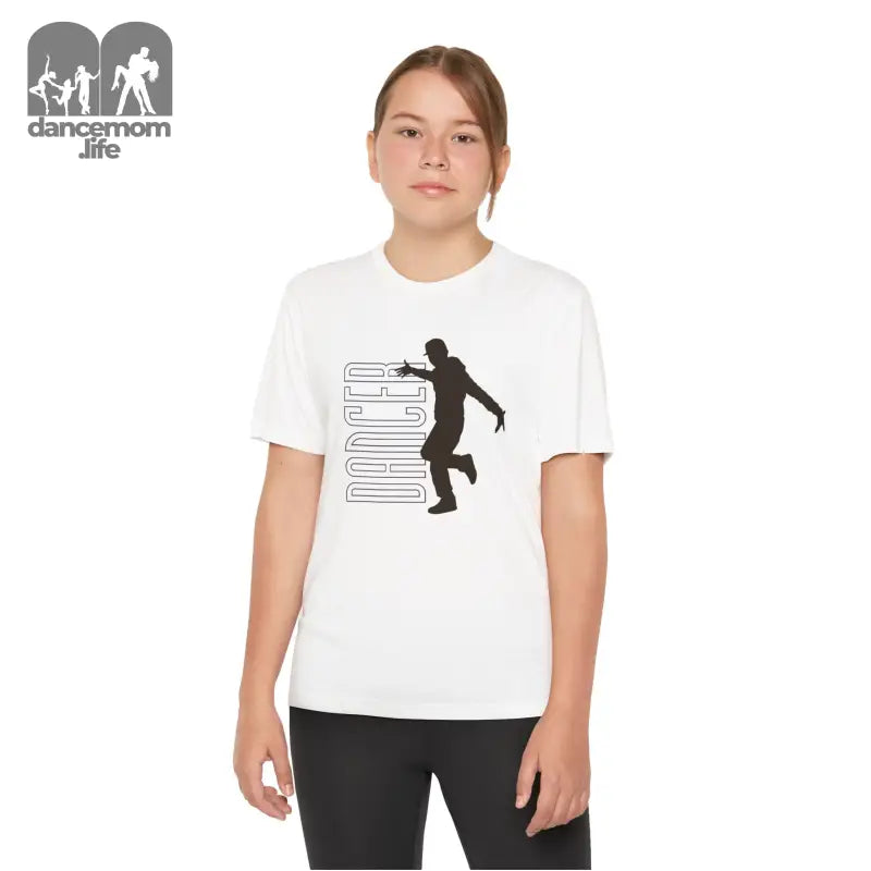 White t-shirt featuring a black silhouette design of a person dancing alongside geometric lines.