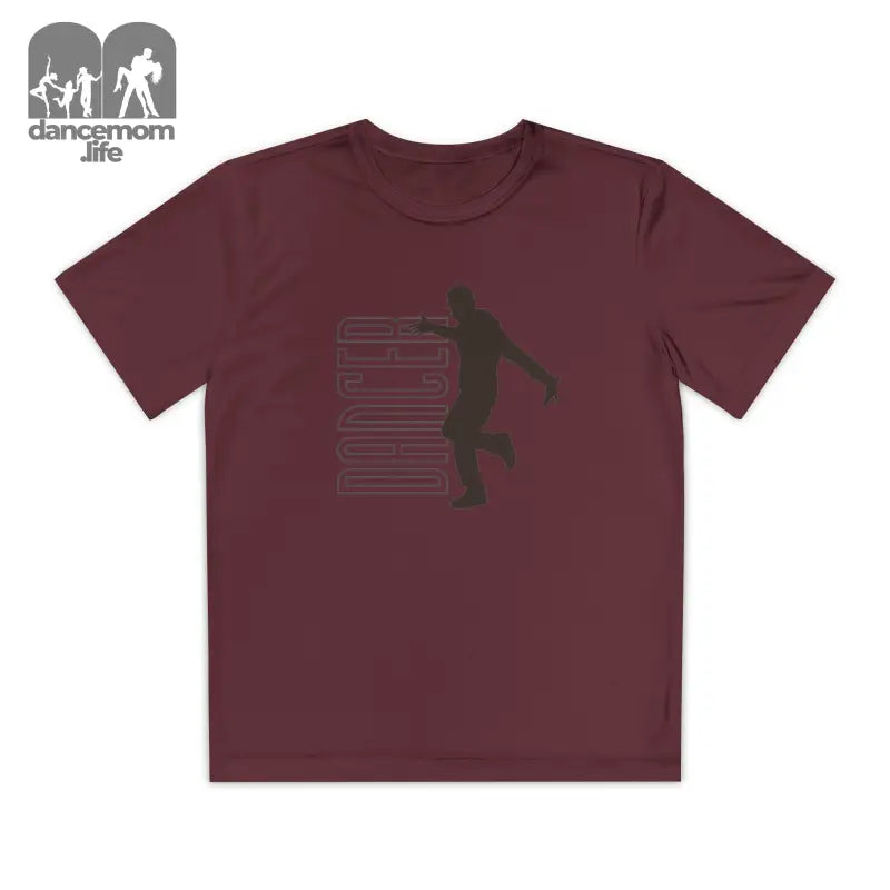 Burgundy t-shirt with a black silhouette of a basketball player and text design.