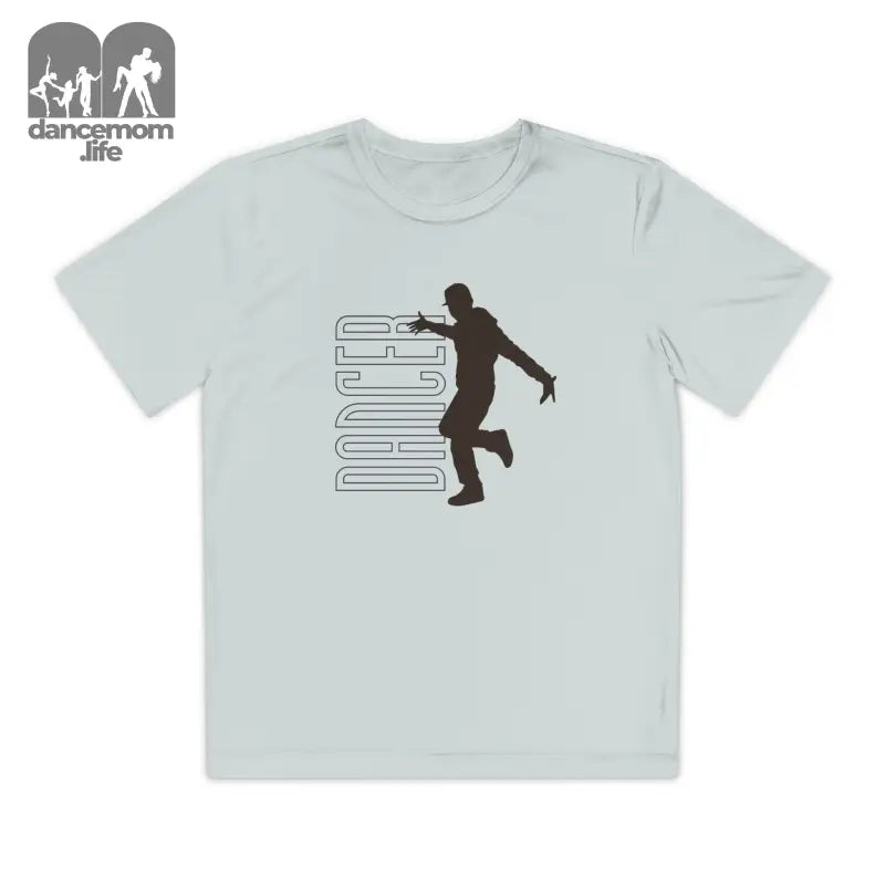 Light gray t-shirt featuring a silhouette of a person dancing alongside a linear graphic design.